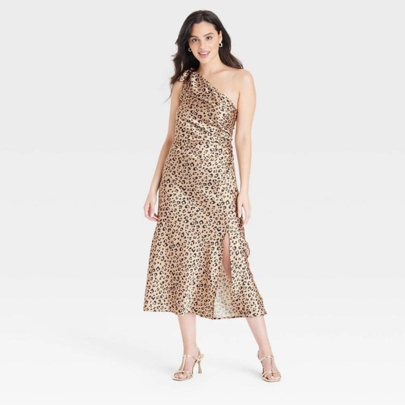 a new day Dresses & Skirts - A New Day Women's One Shoulder Satin Midi Dress Brown Leopard Cheetah Print
